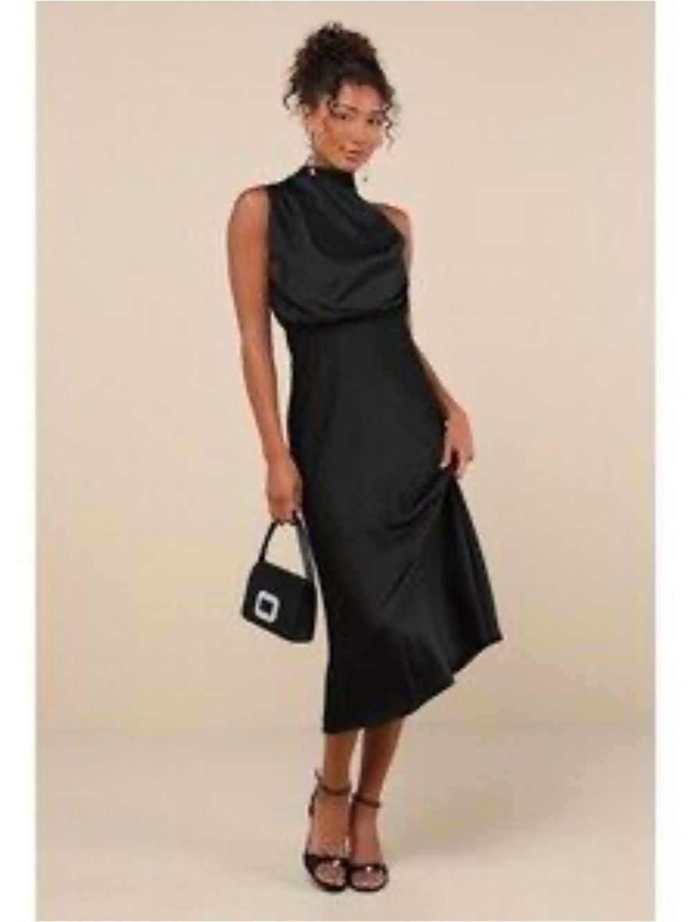 Lulus black satin cowl neck midi cocktail dress